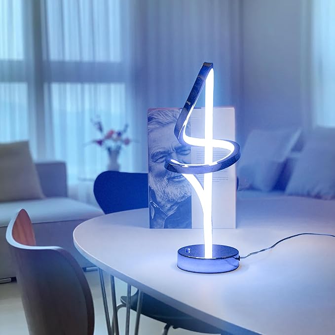 Modern Table Lamp, RGB Table Lamp，LED Spiral Lamp, Silver Bedside Lamp with 7 Colors 10 Light Modes, Touch Dimmable Nightstand Lamp for Bedroom Living Room Home Office, 15W - LeafyLoom