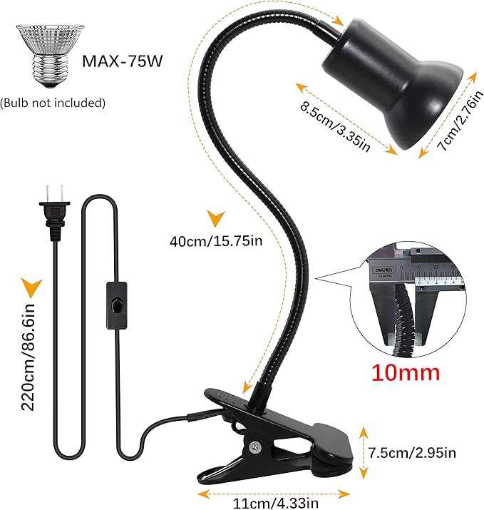 Desk Clip Lamp Holder Clamp Clip on Light with 40CM Swing Arm 360 ° Flexible Gooseneck Clip Lamp with 220CM Cable E27 Reading Clip Lamp for Bedroom Turtle Heating Lamps - LeafyLoom