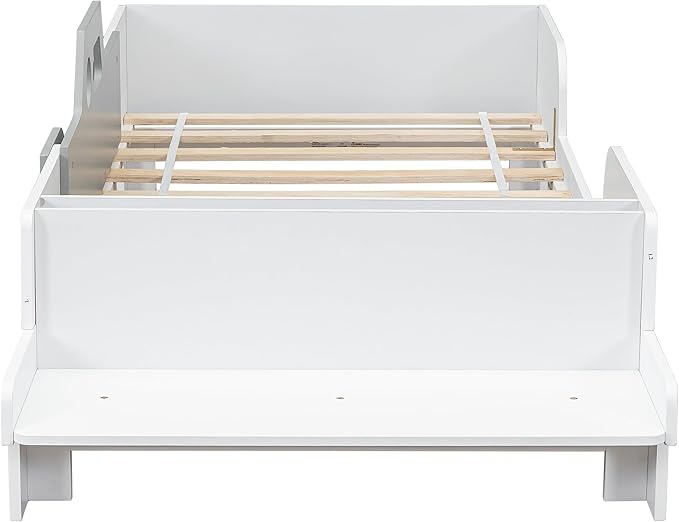 Twin Kid Bed with Headboard, Twin Bed with Footboard Bench,Wood Slat Support, Cute Kid Bed Frame with Book Storage Space, Twin Car Bed for Boys Girls Bedroom, No Box Spring Needed, White - LeafyLoom