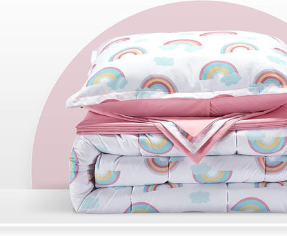 SLEEP ZONE Kids Twin Bedding Comforter Set - Super Cute & Soft Kids Bedding 5 Pieces Set with Comforter, Sheet, Pillowcase & Sham (Pink Rainbow) - LeafyLoom