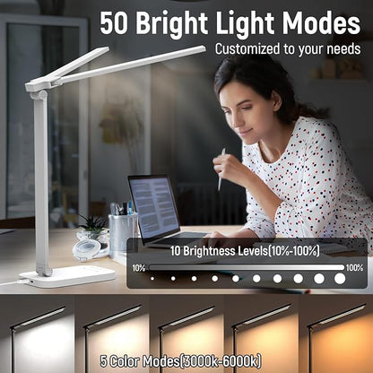 Bright LED Desk Lamp for Home Office - Dual Swing Arm Eye-Caring Architect Task Lamp, Adjustable Foldable Table Lamp, Dimmable Touch Control Desktop Lamp 5 Lighting Modes for Work/Study - LeafyLoom