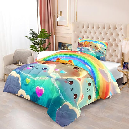 Cat Comforter Set - Cartoon Cat Twin Bedding Set for Girls Cute Cat Rainbow Printed Kids Bedding Set for Girls Kids Teens All Season Kawaii Cat Twin Quilt Set, 1 Comforter+1 Pillowcase - LeafyLoom