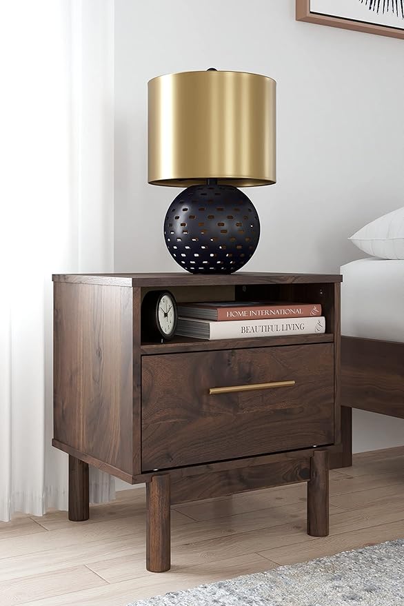 Signature Design by Ashley Calverson Modern 1 Drawer Nightstand with Open Cubby, Dark Brown - LeafyLoom