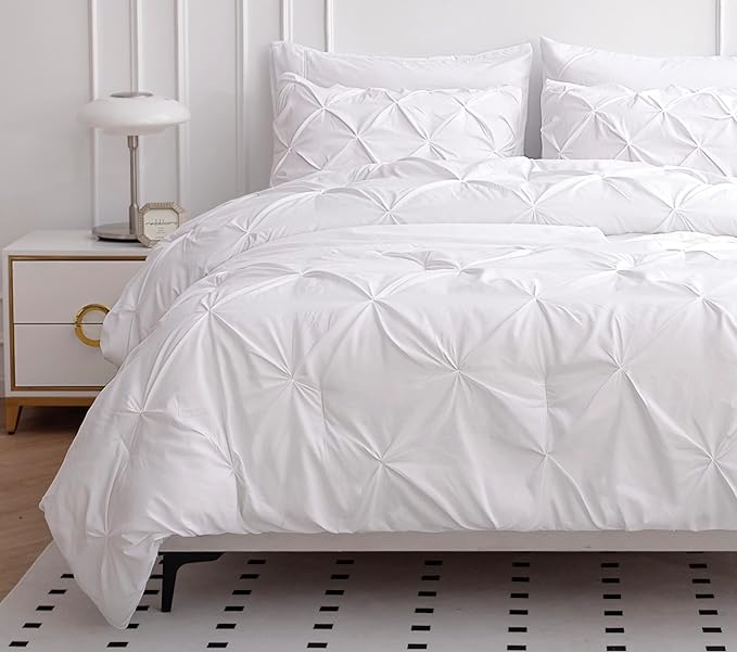 LANE LINEN California King Comforter Set, 7 Piece Cal King Bed in a Bag, Pintuck Cal King Bedding Set, Soft Cali King Bed Set, Cal King Bedding Comforter Sets with Sheets, Pillowcases & Shams - White - LeafyLoom