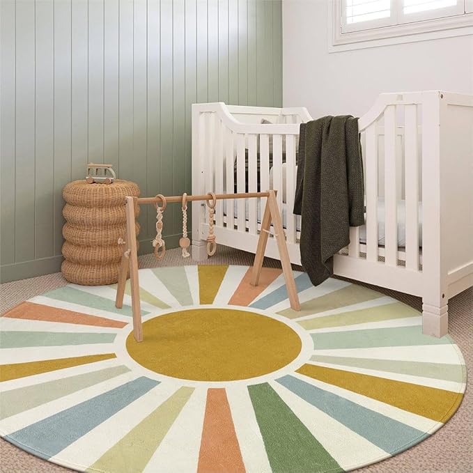 Boho Sun Round Area Rug for Living Room, 6 Ft Washable Nursery Rug for Playroom, Colorful Circle Rug for Kids Bedroom, Non-Slip Circluar Carpet Soft Large Kids Rug for Classroom Dorm Kids Room - LeafyLoom