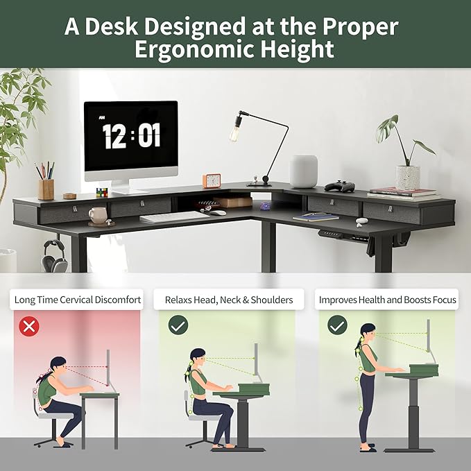 FEZIBO 63" L Shaped Standing Desk with 4 Drawers, Electric Standing Gaming Desk Adjustable Height, Corner Stand up Desk with Splice Board, Black Frame/Black Top - LeafyLoom