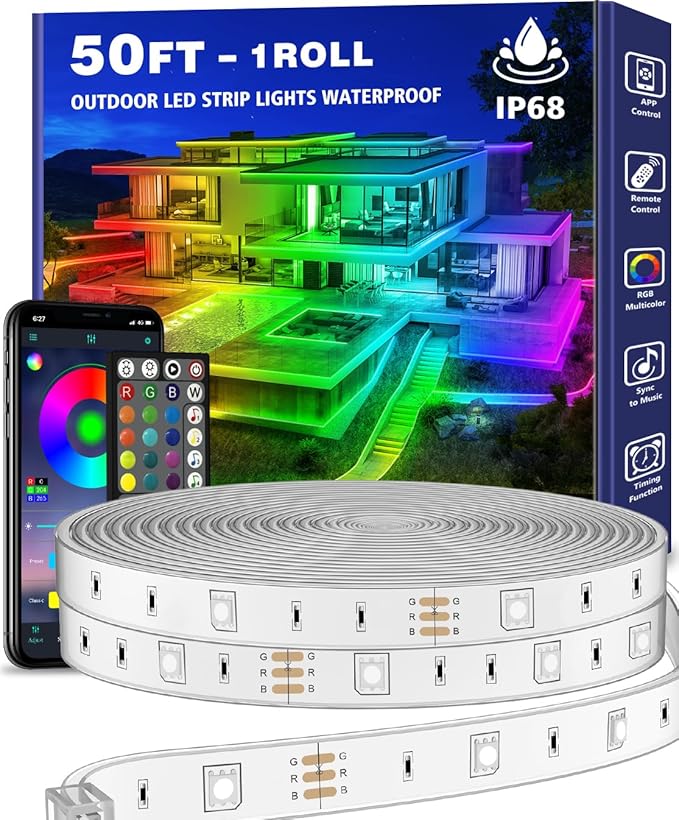 50ft Outdoor LED Strip Lights Waterproof,IP68 Outside Led Light Strips Waterproof with App and Remote,Music Sync RGB Exterior Led Rope Lights with Self Adhesive Back for Deck,Balcony,Pool LETIANPAI