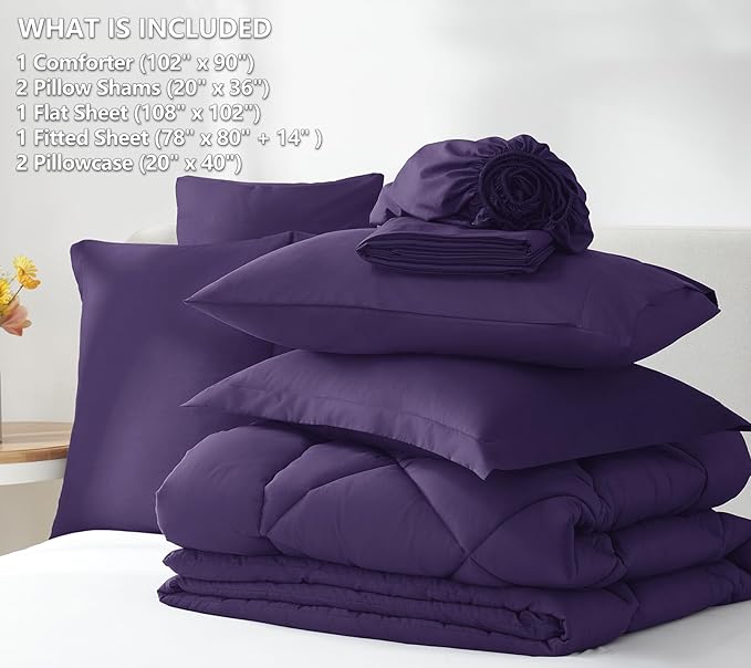 CozyLux King Bed in a Bag 7-Pieces Comforter Sets with Sheets Purple All Season Bedding Sets with Comforter, Pillow Shams, Flat Sheet, Fitted Sheet and Pillowcases - LeafyLoom