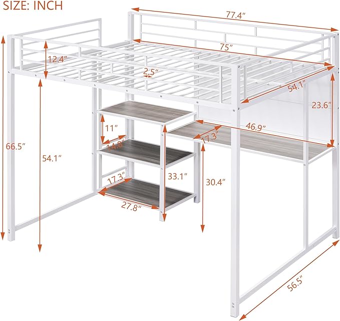 RITSU Full Size Loft Bed, Heavy Duty Metal Bunk Bedframe with Desk and Whiteboard, Safety Guardrail Fence & Ladder, 3 Big Storage Shelves, for Kids, Teens, White - LeafyLoom