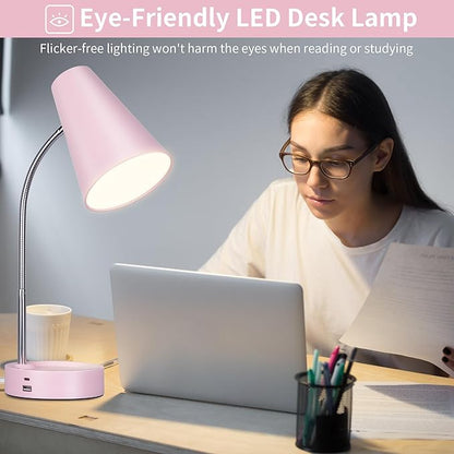 RUNTOP Pink Desk Lamp, Desk Lamps for Home Office, Desk Light for Kids, Desktop/Computer Study Lamps, Bedrooms Adjustable Gooseneck Reading Lamp with USB Port, 5 Brightness Levels, 5 Color Temperature - LeafyLoom