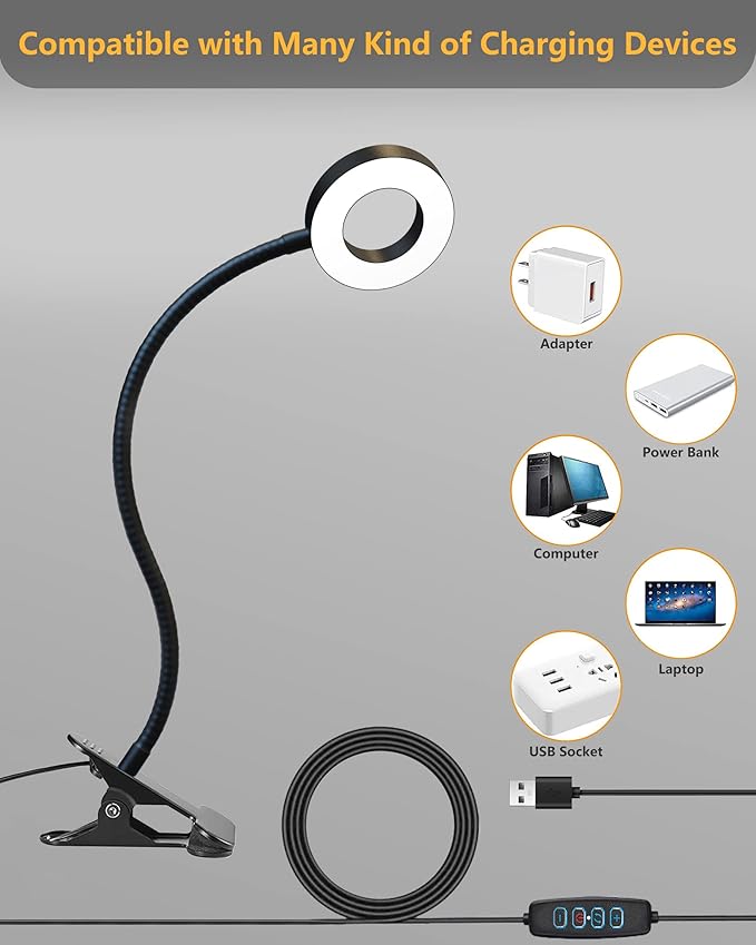 Clip on Desk Lamp with Clamp for Reading Home Office, 360° Ajustable Clip Light for Bed Headboard, Bedside or Desk with 10 Dimmable Brightness 3 Eye-Care Color Modes - LeafyLoom