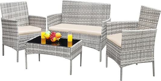 Greesum Patio Furniture 4 Pieces Conversation Sets Outdoor Wickerr Rattan Chairs Garden Backyard Balcony Porch Poolside loveseat with Soft Cushion and Glass Table, Gray and Beige - LeafyLoom