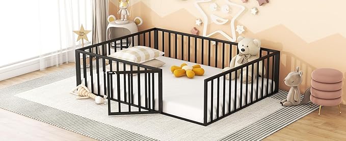 RITSU Queen Size Metal Floor Fence Bed, Montessori Bedframe, with Safety Guardrail and Door, for Children Bedroom, Boys Girls, Apartment, Strong & Durable, Easy to Assemble, Black - LeafyLoom