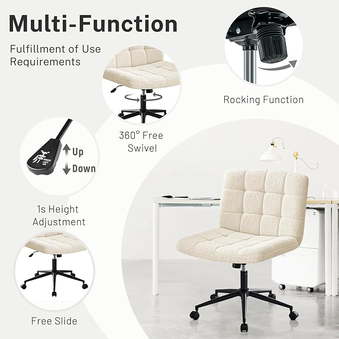 Furniliving Wide Desk Chair, Faux Fur Upholstered Office Chair with Wheels, Adjustable Accent Chair with Thicken Seat, Computer Chair for Living Room, Study Room, Home Office, IvoryWhite - LeafyLoom