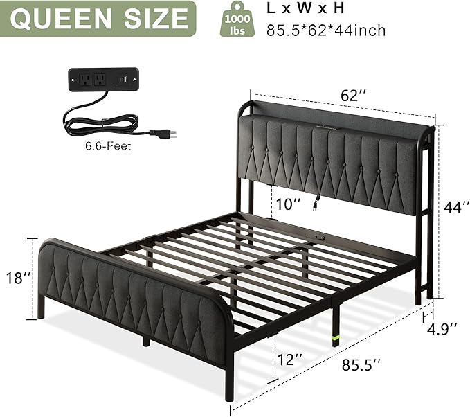 Feonase Queen Bed Frame with Type-C & USB Port, Metal Platform Beds, with Linen Upholstered Headboard & Footboard, 12" Underbed Storage Space, Easy Assembly, Noise-Free, Dark Gray - LeafyLoom