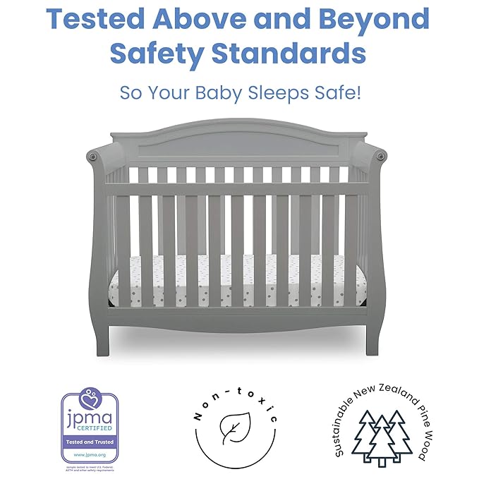 Delta Children Lancaster 4-in-1 Convertible Baby Crib, Grey + Serta Perfect Slumber Dual Sided Recycled Fiber Core Crib and Toddler Mattress (Bundle) - LeafyLoom