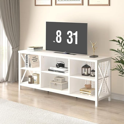 LVB White Entertainment Center, Industrial Wood TV Stand for 65 Inch TV, Modern Metal Media Console Table with Cabinet, Television Stands with Storage Shelf for Living Room Bedroom, White Oak, 55 Inch - LeafyLoom