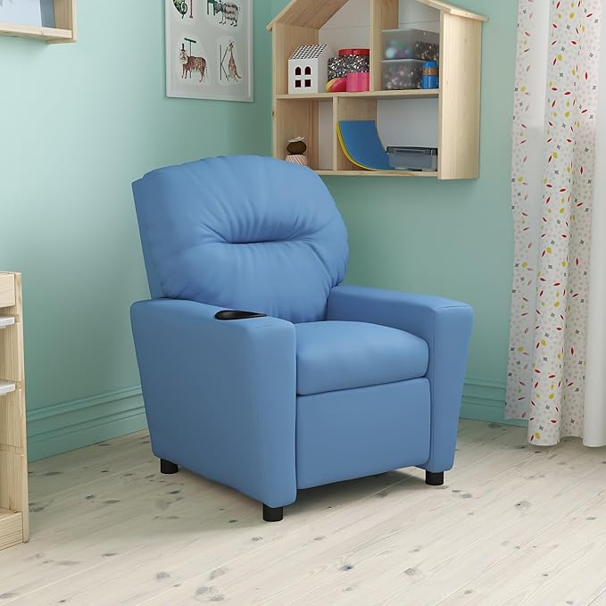 Flash Furniture Chandler Vinyl Kids Recliner with Cup Holder and Safety Recline, Contemporary Reclining Chair for Kids, Supports up to 90 lbs., Light Blue - LeafyLoom