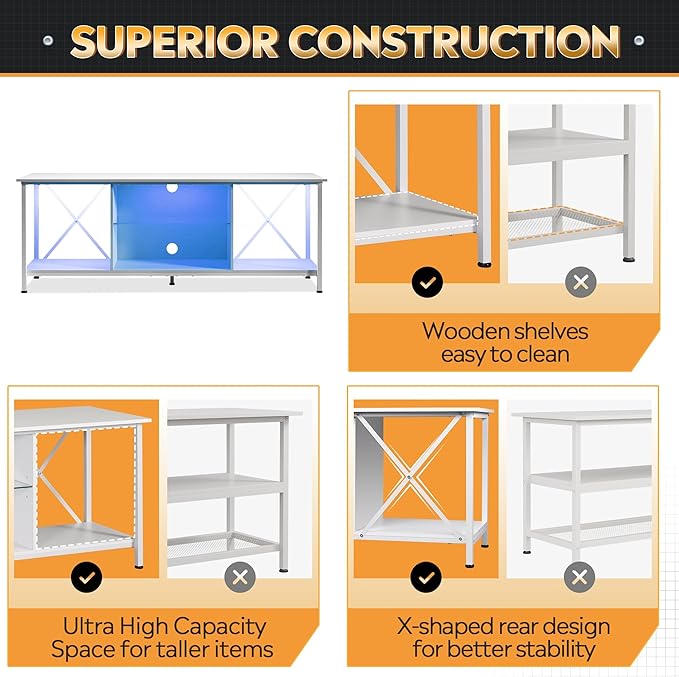 WLIVE TV Stand up to 65 Inch TV, 55" Entertainment Center with LED, Industrial TV Console with Glass Shelf for Living Room and Bedroom, White - LeafyLoom