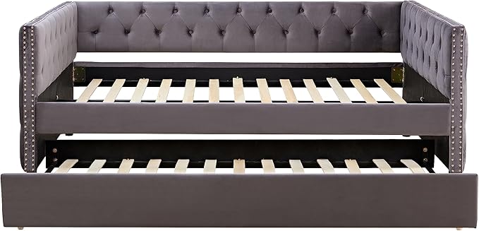 Velvet Upholstered Full Size Daybed with Twin Trundle, Solid Wooden Sofa Bed Frame w/Button Tufted Backrest, No Box Spring Needed, for Bedroom, Living, Guest Room - LeafyLoom