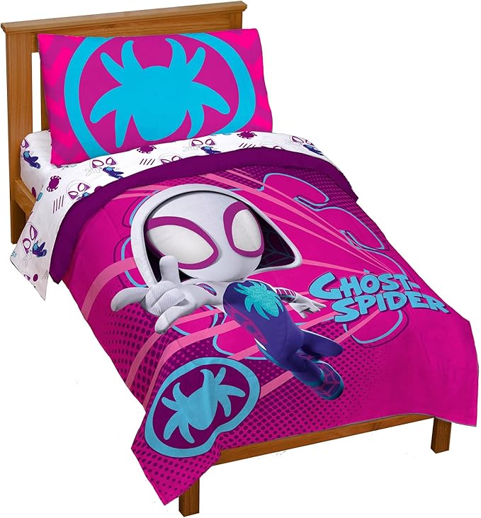 Marvel Spidey & His Amazing Friends Ghost Spider Gwen 4 Piece Toddler Bed Set - Bedding includes Comforter & Sheet Set - Super Soft Fade Resistant Microfiber - LeafyLoom