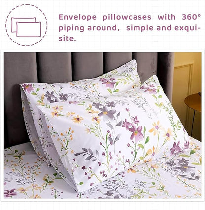 QSH Wild Floral Printed Bed Sheets Egyptian Cotton Yellow Flower Botanical Pattern King Size Sheets Extra Deep Pocket 17.5" - LeafyLoom