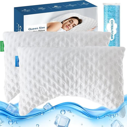 Cooling Side Sleeper Pillow for Neck and Shoulder Pain, Adjustable Shredded Memory Foam Bed Pillows for Sleeping,Ergonomic Curved Pillow with Extra Foam,Queen Size Set of 2, Washable Cover - LeafyLoom