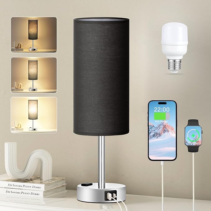 Black Bedroom Table Lamp for Bedside - 3 Way Dimmable Touch Lamp USB C A Charging Ports and AC Outlet, Small Desk Lamp for Nightstand for Living Room with Silver Base, Office Desk, LED Bulb Included - LeafyLoom