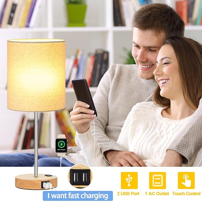 𝟮𝟬𝟮𝟯 𝗡𝗘𝗪 Touch Wood Table Lamps Set of 2, Bedroom Lamps with 2 USB & AC Outlet, 3-Way Dimmable Bedside Nightstand Lamps for Bedroom Living Room Nursery, 800 Lumens 2700K Bulbs Included - LeafyLoom