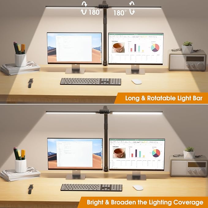 LED Desk Lamp with Clamp, Rotatable Architect Lamp for Home Office, Bright Computer Desk Light with Dimmable Color Brightness, Adjustable Desktop Lamp with Gooseneck, Double Head, Black - LeafyLoom