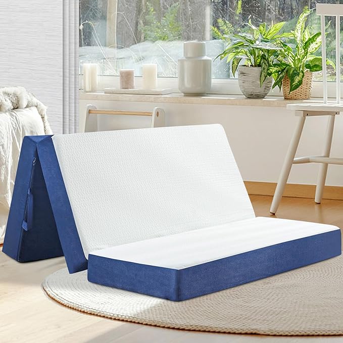 CYMULA Folding Mattress Full Size,4 inch Memory Foam Tri Fold Mattress,Portable Folding Mattress with Washable Cover, Foldable Mattress Topper full for CYMULA Camping,Guest (52"×73"×4") - LeafyLoom