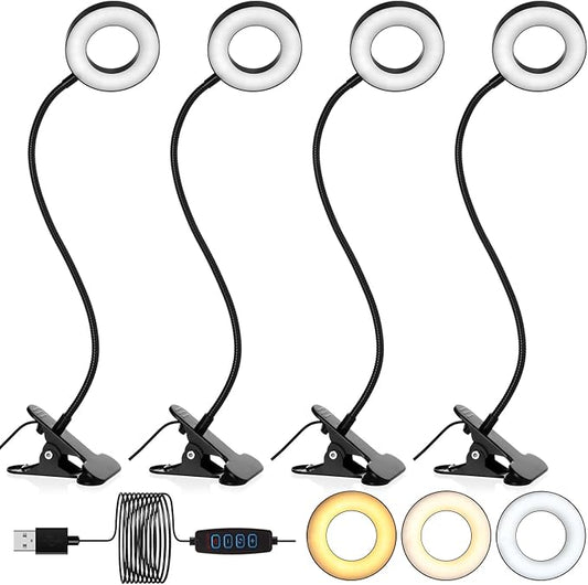 4 Pcs Desk Lamp Clip on Light 48 LEDs USB Clip Ring Light with 3 Color Modes and 10 Brightness Dimmable, Eye Protection Desk Light, 360° Flexible Gooseneck for Desk Headboard Reading - LeafyLoom