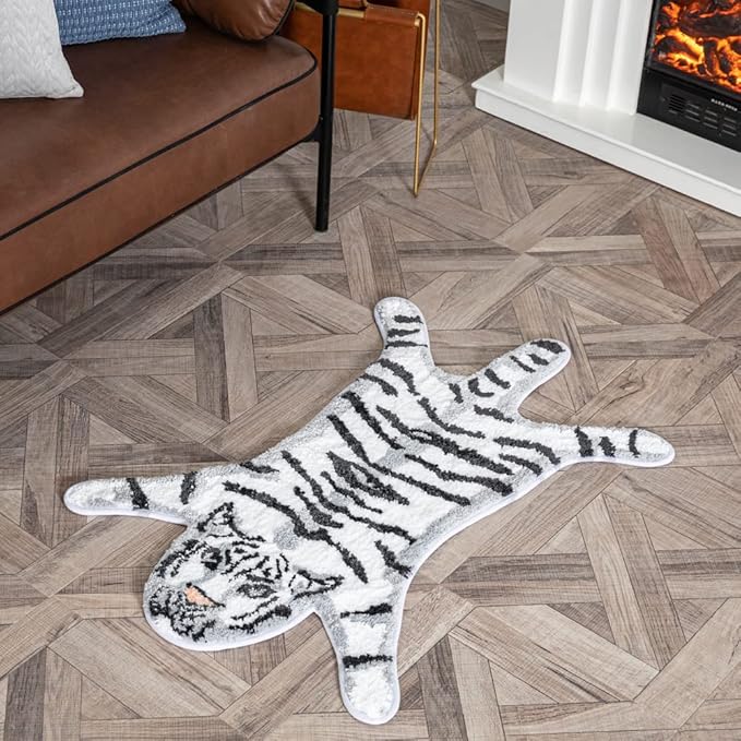 Tiger Shaped Bathroom Rug Animals Bath Mat Rug Non-Slip Bathroom Door Mat for Bedroom Bathroom Kitchen Cartoon Rug for Bathroom Tub Soft Bathmat Home Decor (65x98cm/25.6x38.6in) White - LeafyLoom