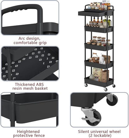 5-Tier Rolling Utility Cart，Trolley with Drawer, Multifunctional Storage Organizer with Plastic Shelf & Metal Wheels, Storage Cart for Living Room, Kitchen, Office, Bathroom, Black - LeafyLoom