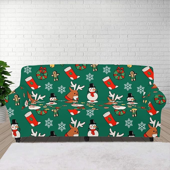 FKELYI Christmas Decorations Green Sofa Slipcover Santa Claus Stretch Sofa Couch Cover for Indoor Washable Furniture Protector with Elastic Bottom XL FKELYI