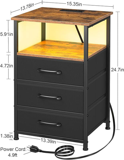 Nightstands Set of 2, Large End Tables Living Room, Bed Side Tables with Charging Station, 24.7" Tall Night Stand with 3 Fabric Drawers and LED Light Strip for Bedroom HNS013BR - LeafyLoom