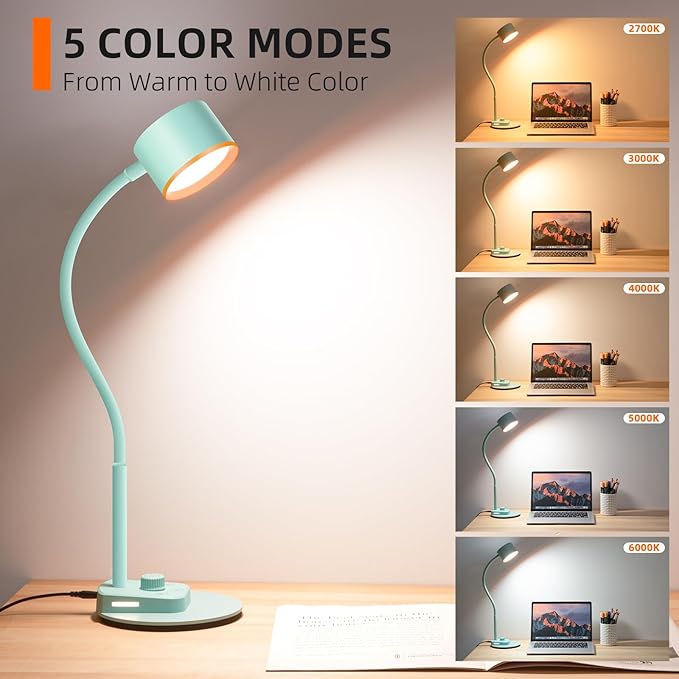 Desk Lamp, Fully Dimmable Bedside Reading Lamp with USB C + A Charging Ports, 5 Colors, Simple to Operate, Eye Care Metal Table Lamp Efficient Gooseneck Desk Lamps for Home Office College Dorm Room - LeafyLoom