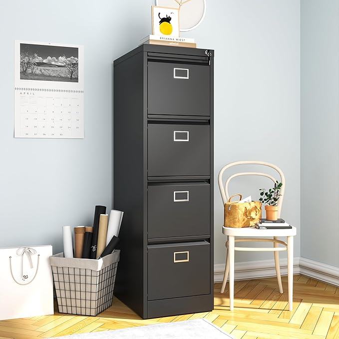 4 Drawer File Cabinet, Metal Vertical File Cabinets with Lock for Home Office, Heavy Duty Office Steel Filing Cabinet for Hanging Files for A4/ Legal/Letter,Assembly Required (Black) - LeafyLoom