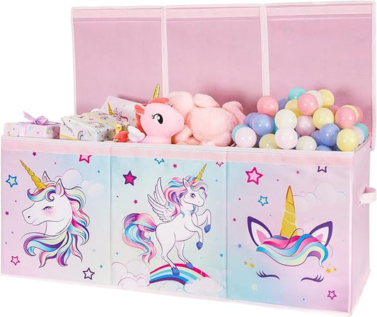 WERNNSAI Unicorn Toy Box Chest – Large Toy Chest Organizer with Flip-Top Lid Collapsible Sturdy Storage Bin with Handles 38 x 13 x 16 Inch for Kids Girls Pink Closet Nursery Living Room Bedroom - LeafyLoom