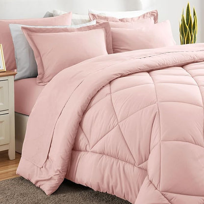 CozyLux King Comforter Set with Sheets 7 Pieces Bed in a Bag Pink All Season Bedding Sets with Comforter, Pillow Shams, Flat Sheet, Fitted Sheet and Pillowcases - LeafyLoom