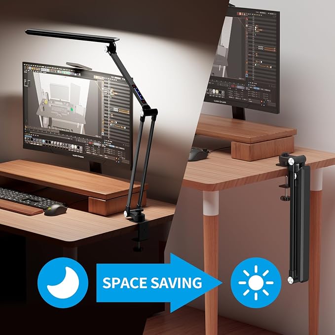 Space Saving LED Desk Lamps,Touch Adjustment 10 Color Temperatures &10 Brightness Eye-Caring Modes, Swing Arm Desk Light with Clamp，Lamp for Home Office 360° Spin Memory Function-Metallic Black - LeafyLoom