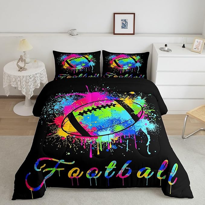 Feelyou Kids Football Comforter Set King Size Rugby Sports Game Bedding Set for Boys Girls Teens Bedroom Decor Tie Dye Comforter Women Men Soccer Player Duvet Set with 2 Pillow Case - LeafyLoom