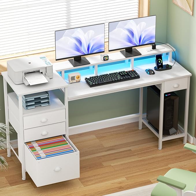 Furologee White Computer Desk with Drawers, 60" Office Long Desk with Fabric File Cabinet and Power Outlets, Gaming Desk with LED Lights, Study Writing Work Desk for Home Office, White - LeafyLoom