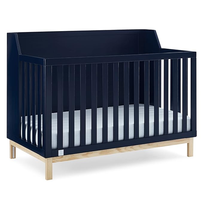 Delta Children babyGap Oxford 6-in-1 Convertible Crib + Brannan Bear Bookcase with Bins + Brannan Bear Wall Shelf with 4 Hooks, Navy/Natural (Bundle) - LeafyLoom