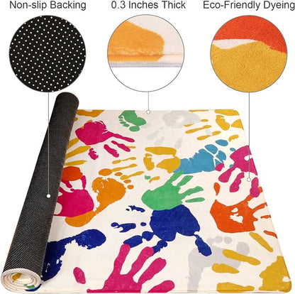 Handprints and Footprints Kids Rug for Playroom, 3'x5' Washable Colorful Nursery Rug for Boys and Girls Room, Ultra Soft Non-Slip Carpet Indoor Mat for Classroom Bedroom - LeafyLoom