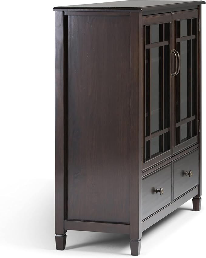 SIMPLIHOME Connaught SOLID WOOD 46 Inch Wide Traditional Tall Storage Cabinet in Dark Chestnut Brown, For the Living Room, Entryway and Family Room - LeafyLoom