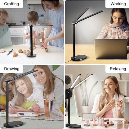 Doule Head Desk Lamp, Dimmable Desk Light, Adjustable Reading Lamps, Eye-Caring Table Lamp, Multi-Angle Adjustable and Foldabel Design Table Lamp - Black - LeafyLoom