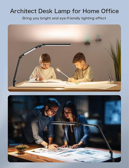 Sky LED Desk Lamp with Remote Control - Three Light Sources・24W・Ajustable Atmosphere Lighting - Flexible Swing Arm, 4 Color Modes & 4 Brightness, Architect Desk Lamp with Clamp for Home Office - LeafyLoom