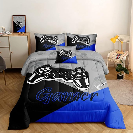 5 Pieces Bed in A Bag Gamer Bedding Set for Boys Kids Gaming Comforters Set,Gamer Bed in a Bag Complete with Comforter Set Sheets Flat Sheet Pillowcase,DJT5002Twin Size - LeafyLoom