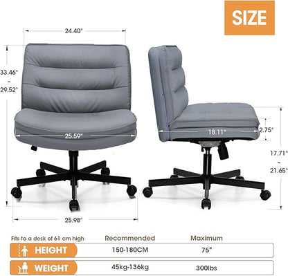 COMHOMA Criss Cross Chair with Wheels, Armless Wide Cross Legged Office Chair Mid Back, Modern Home Office Desk Chair Swivel Adjustable Vanity Computer Chair, Gray - LeafyLoom